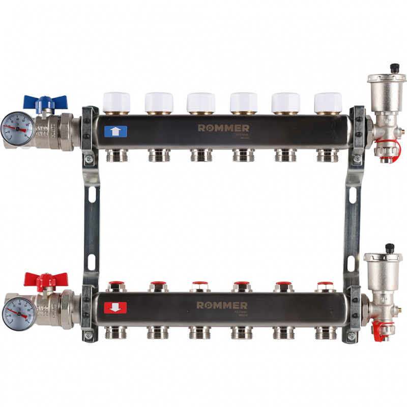 Коллектор из нержавеющей стали в сборе без расходомеров ROMMER 6 контуров RMS-3210-000006