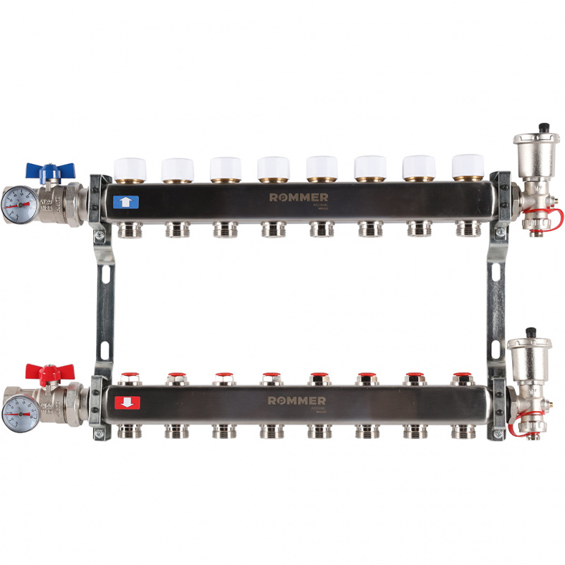 Коллектор из нержавеющей стали в сборе без расходомеров ROMMER 8 контуров RMS-3210-000008