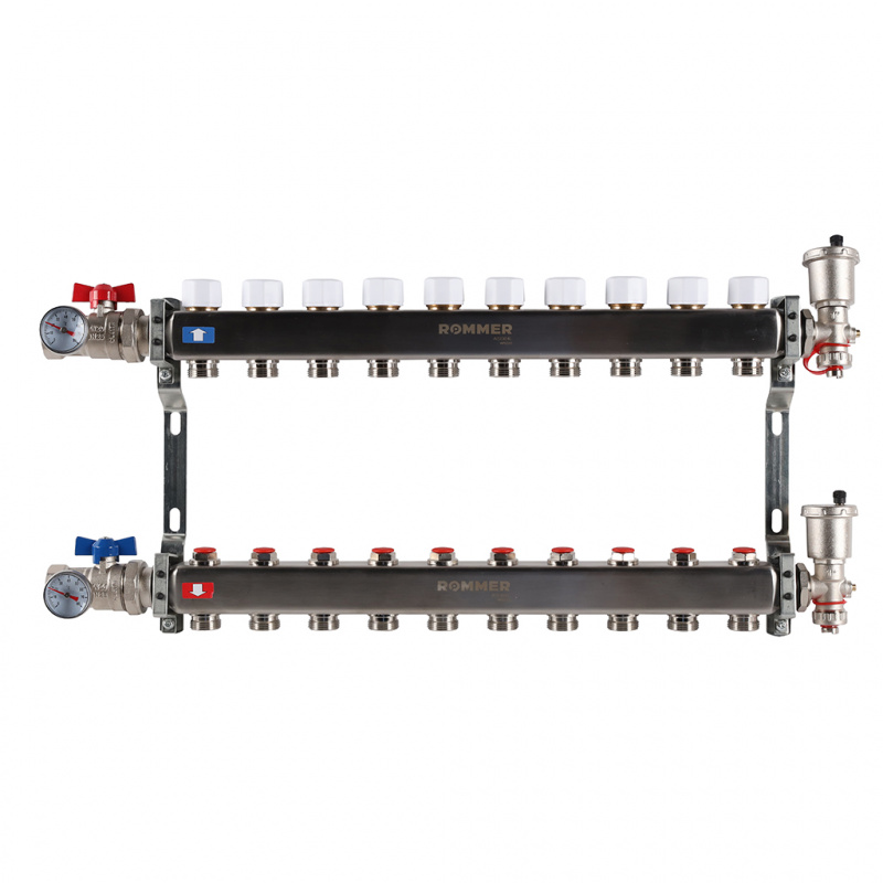 Коллектор из нержавеющей стали в сборе без расходомеров ROMMER 11 контуров RMS-3210-000011