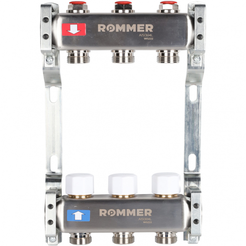 Коллектор из нержавеющей стали без расходомеров ROMMER 3 контура RMS-3200-000003 Коллектор из нержавеющей стали без расходомеров ROMMER 3 контура RMS-3200-000003