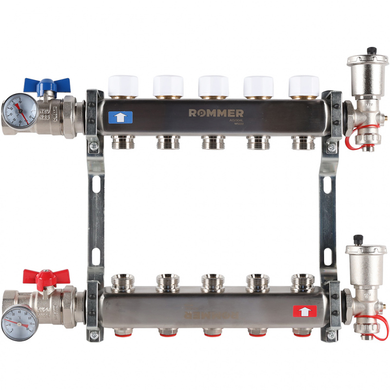 Коллектор из нержавеющей стали в сборе без расходомеров ROMMER 5 контуров RMS-3210-000005