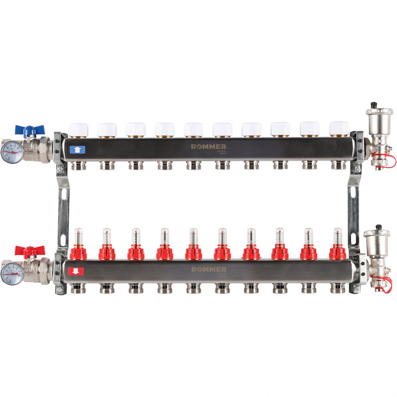 Коллектор из нержавеющей стали в сборе с расходомерами ROMMER 11 контуров RMS-1210-000011 Коллектор из нержавеющей стали в сборе с расходомерами ROMMER 11 контуров RMS-1210-000011