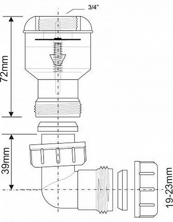 Обратный клапан McALPINE TUNVALVE с отводом на 90° вход 3/4", выход Ø19-23мм