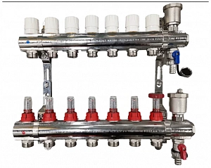 Коллектор для теплого пола расходомерами, воздухоотводчиком и сливным краном 7 контуров TIM KC007