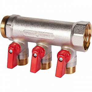 Коллектор с шаровыми кранами STOUT 1, 3 отвода 1/2 (красные ручки) SMB 6210 011203