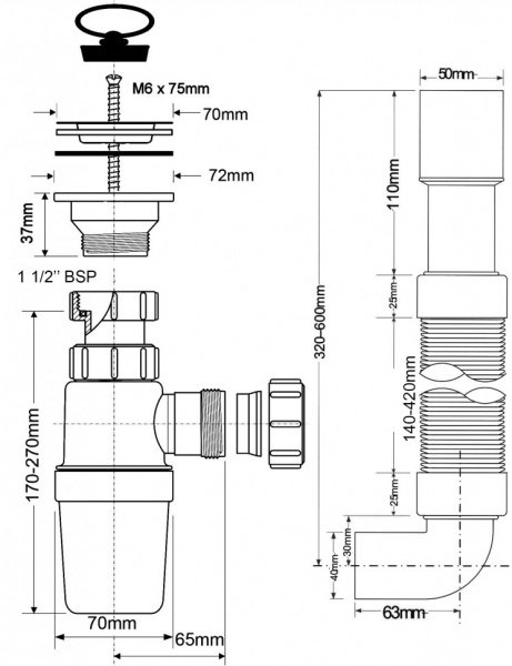 Сифон бутылочный с выпуском  и гофрой (L300-500мм) (1 1/2'x32мм) McAlpine  MRSK9 Сифон бутылочный с выпуском  и гофрой (L300-500мм) (1 1/2'x32мм) McAlpine  MRSK9