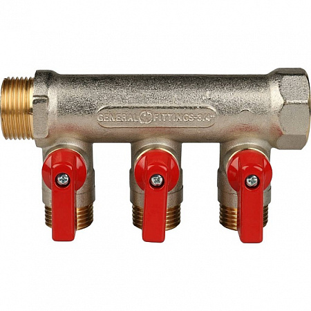 Коллектор с шаровыми кранами STOUT 3/4 , 3 отвода 1/2 (красные ручки) SMB 6200 341203