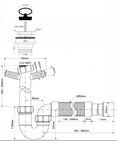 Сифон трубный P/S-образный McAlpine (1 1/2'х40мм) c выпуском, 2-мя адаптерами MRSK10 Сифон трубный P/S-образный McAlpine (1 1/2'х40мм) c выпуском, 2-мя адаптерами MRSK10