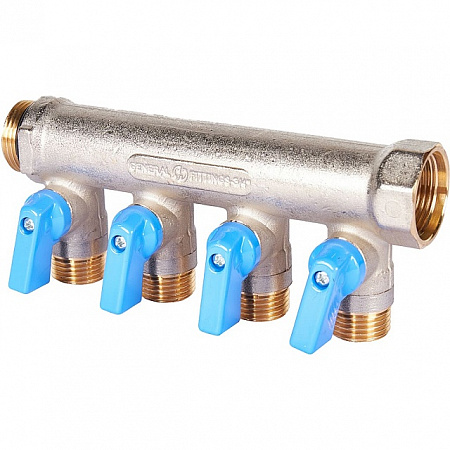 Коллектор с шаровыми кранами STOUT 3/4 , 4 отвода 1/2 (синие ручки) SMB 6211 341204