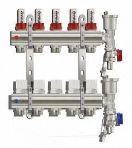 Коллектор для теплого пола расходомерами, воздухоотводчиком и сливным краном 5 контуров TIM KC005