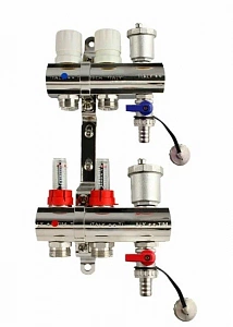 Коллектор для теплого пола расходомерами, воздухоотводчиком и сливным краном 2 контура TIM KC002