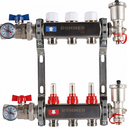 Коллектор из нержавеющей стали в сборе с расходомерами ROMMER RMS-1210 3 контура 000003