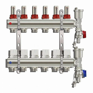 Коллектор для теплого пола расходомерами, воздухоотводчиком и сливным краном 6 контуров TIM KC006