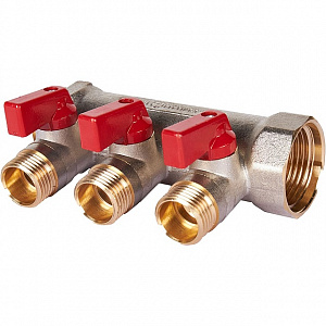 Коллектор с шаровыми кранами STOUT 1, 3 отвода 1/2 (красные ручки) SMB 6210 011203