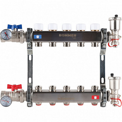 Коллектор из нержавеющей стали в сборе без расходомеров ROMMER 5 контуров RMS-3210-000005