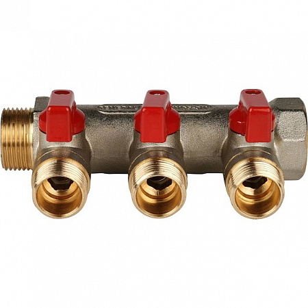 Коллектор с шаровыми кранами STOUT 3/4 , 3 отвода 1/2 (красные ручки) SMB 6200 341203