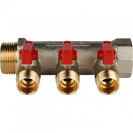 Коллектор с шаровыми кранами 1, 3 отвода 1/2 (красные ручки) SMB 6200 011203