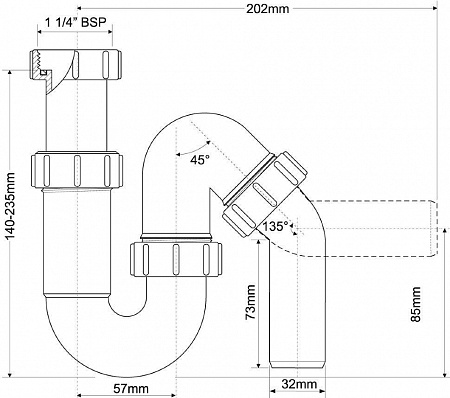 Сифон трубный Р/S-образный (1 1/4"х32мм) без выпуска McAlpine MRW5