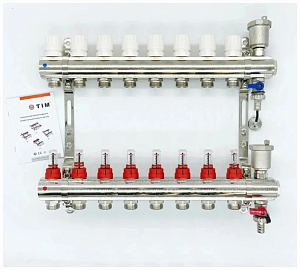 Коллектор для теплого пола расходомерами, воздухоотводчиком и сливным краном 8 контуров TIM KC008