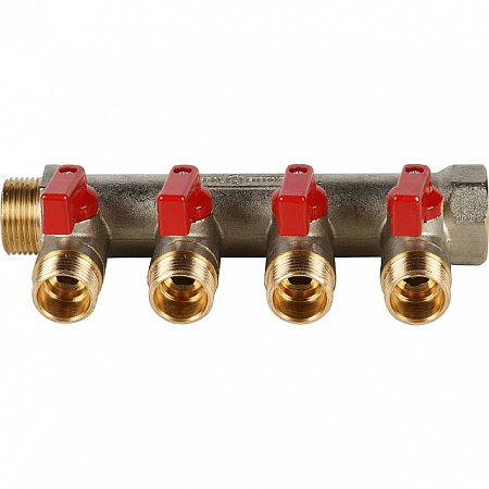 Коллектор с шаровыми кранами STOUT 3/4 , 4 отвода 1/2 (красные ручки) SMB 6200 341204