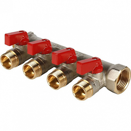 Коллектор с шаровыми кранами STOUT 3/4 , 4 отвода 1/2 (красные ручки) SMB 6200 341204