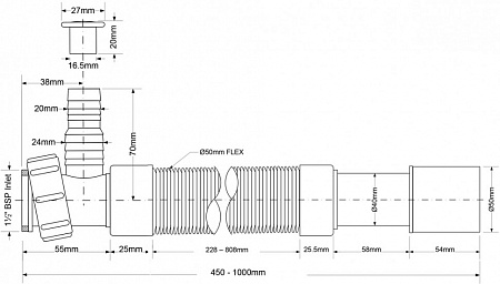 Труба гофрированная раздвижная с адаптером для слива бытовой техники (L460-1000мм) 1 1/2"г -  40/50 McAlpine MRMF2W