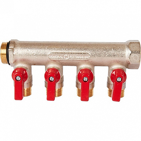 Коллектор с шаровыми кранами STOUT 3/4 , 4 отвода 1/2 (красные ручки) SMB 6210 341204