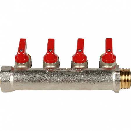 Коллектор с шаровыми кранами STOUT 3/4 , 4 отвода 1/2 (красные ручки) SMB 6200 341204