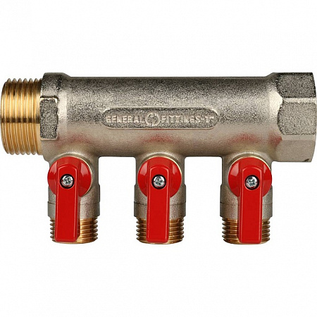 Коллектор с шаровыми кранами 1, 3 отвода 1/2 (красные ручки) SMB 6200 011203