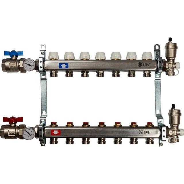 Коллектор из нержавеющей стали в сборе без расходомеров STOUT 7 контуров SMS 0912-000007