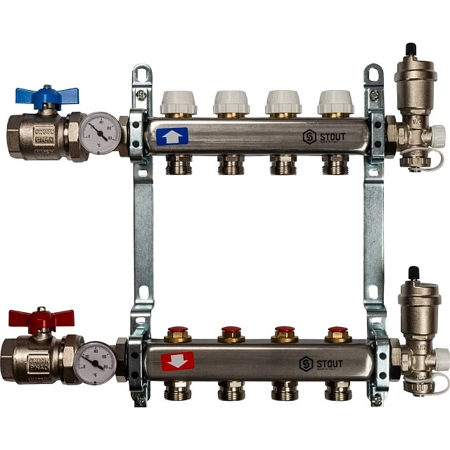 Коллектор из нержавеющей стали в сборе без расходомеров STOUT 4 контура SMS 0912-000004
