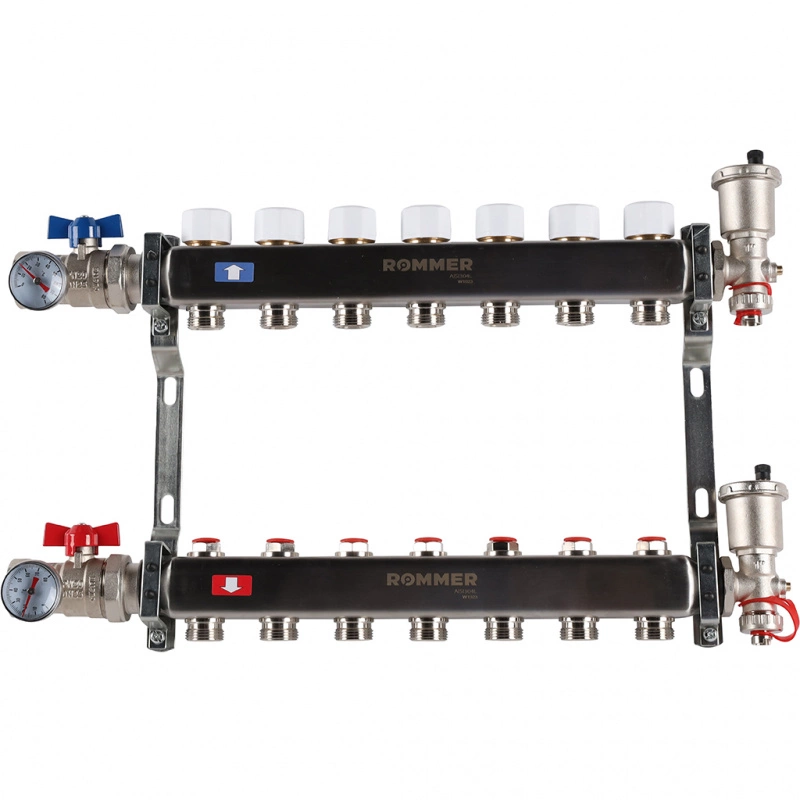 Коллектор из нержавеющей стали в сборе без расходомеров ROMMER 7 контуров RMS-3210-000007