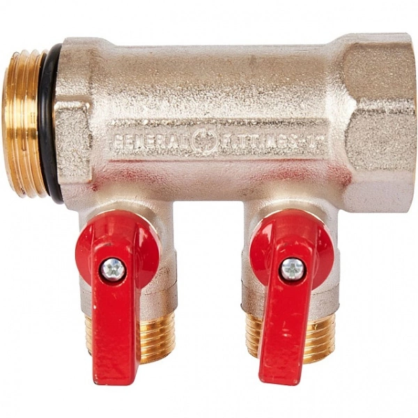 Коллектор с шаровыми кранами STOUT 1, 2 отвода 1/2 (красные ручки) SMB 6210 011202