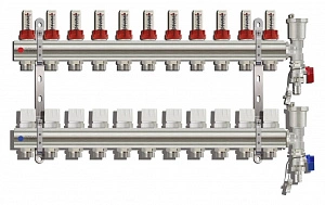 Коллектор для теплого пола расходомерами, воздухоотводчиком и сливным краном 11 контуров TIM KC011