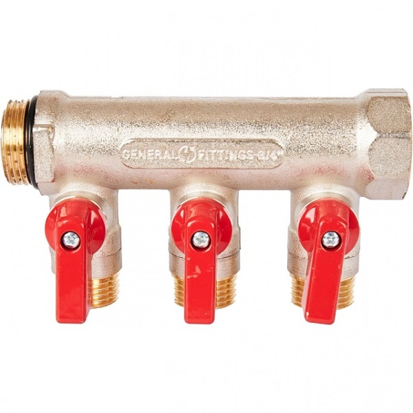 Коллектор с шаровыми кранами STOUT 3/4 , 3 отвода 1/2 (красные ручки) SMB 6210 341203