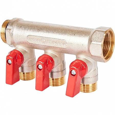 Коллектор с шаровыми кранами STOUT 3/4 , 3 отвода 1/2 (красные ручки) SMB 6210 341203