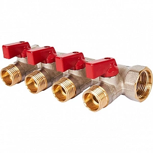 Коллектор с шаровыми кранами STOUT 3/4 , 4 отвода 1/2 (красные ручки) SMB 6210 341204