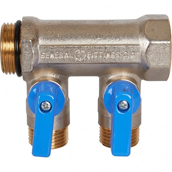 Коллектор с шаровыми кранами STOUT 3/4 , 2 отвода 1/2 (синие ручки) SMB 6211 341202