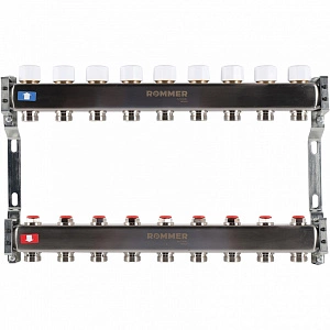 Коллектор из нержавеющей стали без расходомеров ROMMER 9 контуров RMS-3200-000009