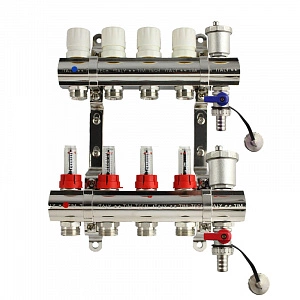 Коллектор для теплого пола расходомерами, воздухоотводчиком и сливным краном 4 контура TIM KC004