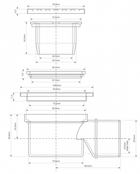 Трап напольный ф50 10х10 горизонтальный McAlpine MRFG4