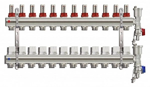 Коллектор для теплого пола расходомерами, воздухоотводчиком и сливным краном 12 контуров TIM KC012