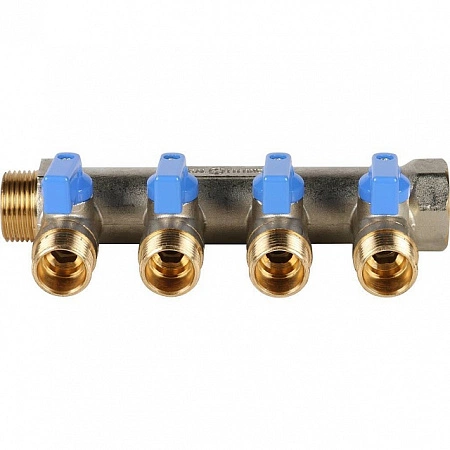 Коллектор с шаровыми кранами STOUT 3/4 , 4 отвода 1/2 (синие ручки) SMB 6201 341204