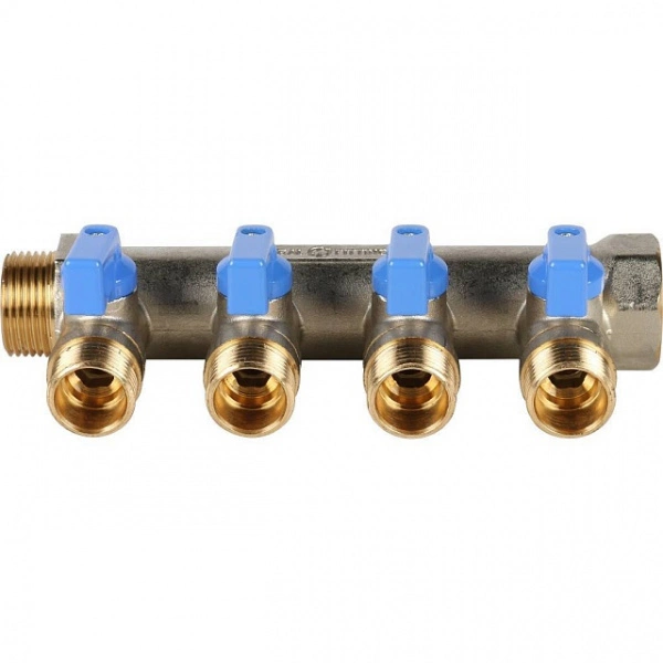 Коллектор с шаровыми кранами STOUT 3/4 , 4 отвода 1/2 (синие ручки) SMB 6201 341204
