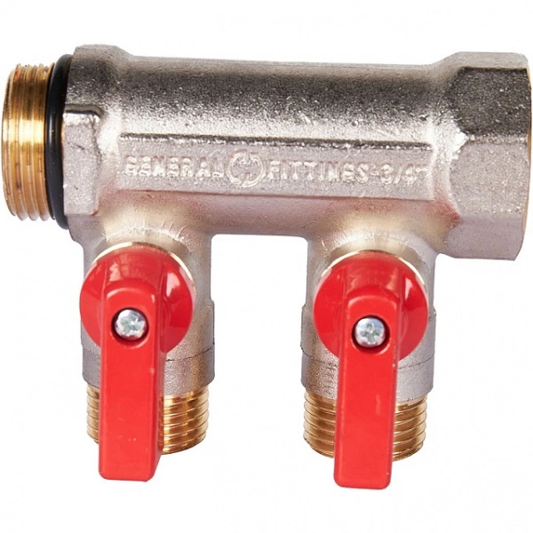 Коллектор с шаровыми кранами STOUT 3/4 , 2 отвода 1/2 (красные ручки) SMB 6210 341202