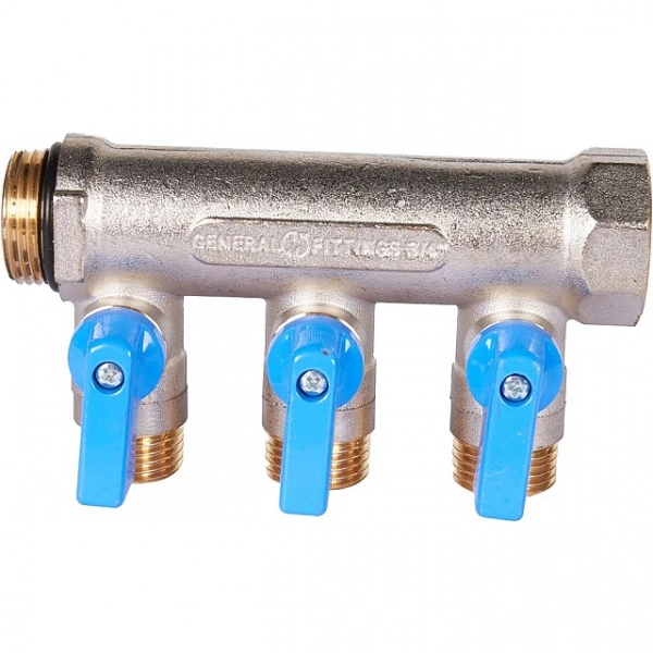 Коллектор с шаровыми кранами STOUT 3/4 , 3 отвода 1/2 (синие ручки) SMB 6211 341203