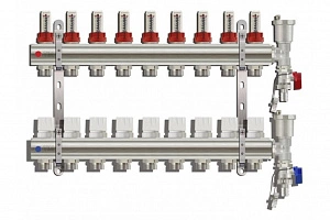 Коллектор для теплого пола расходомерами, воздухоотводчиком и сливным краном 9 контуров TIM KC009