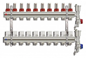 Коллектор для теплого пола расходомерами, воздухоотводчиком и сливным краном 10 контуров TIM KC010