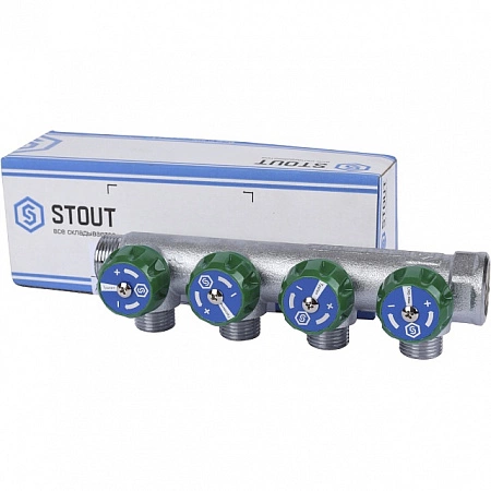 Коллектор регулирующий STOUT 3/4, 4 отвода 1/2 плоское уплотнение SMB-6849-341204