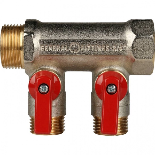 Коллектор с шаровыми кранами STOUT 3/4 , 2 отвода 1/2 (красные ручки) SMB 6200 341202